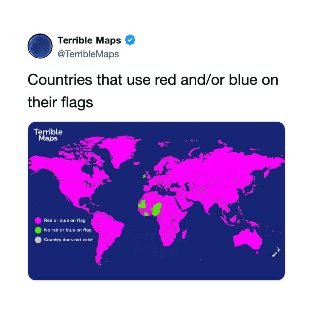 Global terrible map highlighting how nearly every country uses red or blue on their flags.