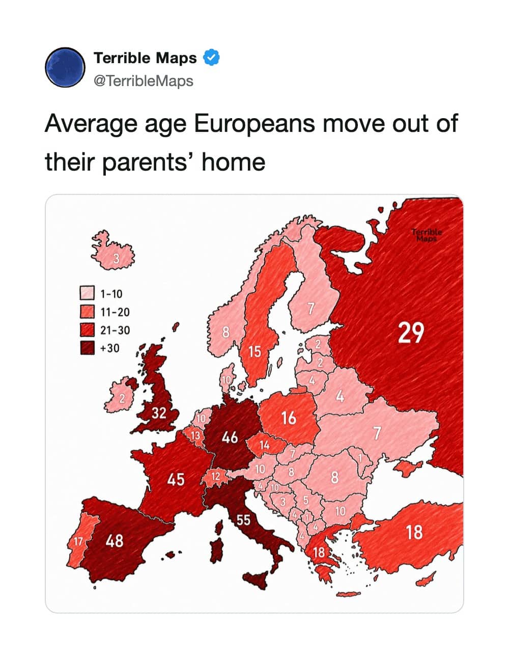 Exaggerated terrible map displaying wildly inaccurate ages when Europeans move out of their parents' homes.