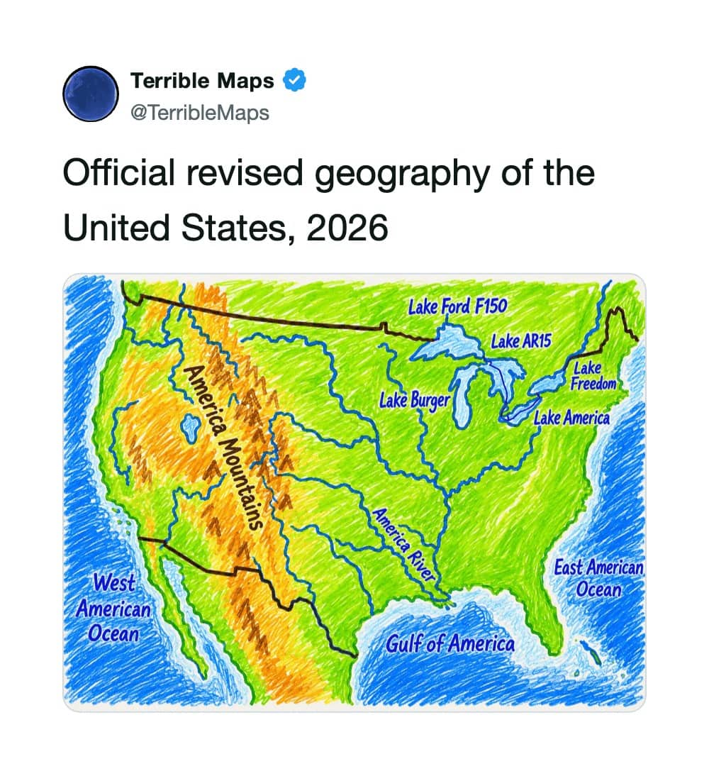Hand-drawn terrible map of the United States renaming geographic features with stereotypical American concepts.