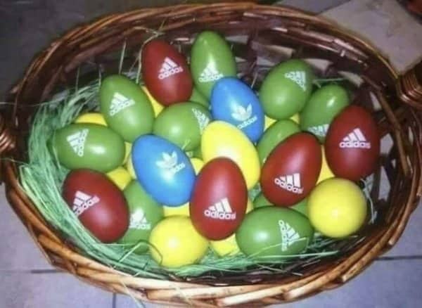 Balkan meme featuring woven basket filled with colorful Easter eggs branded with white Adidas logos.