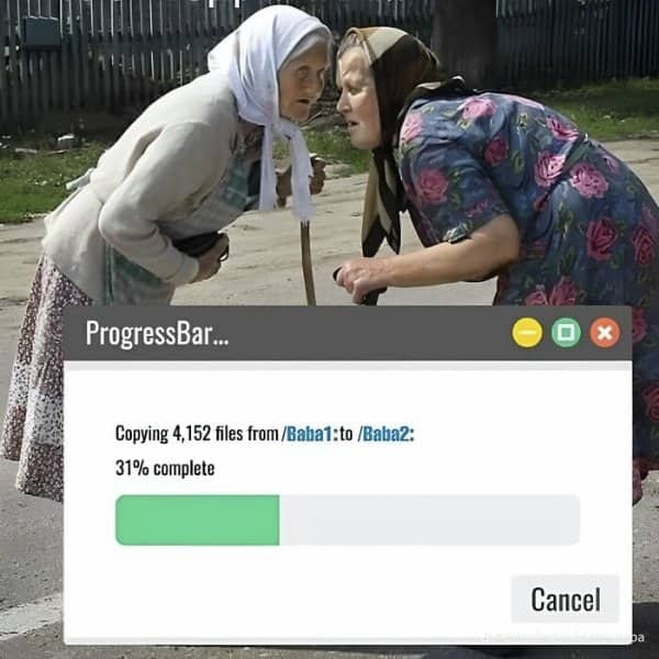 Balkan meme with two babushkas gossiping outside overlayed with computer file transfer progress bar graphic.