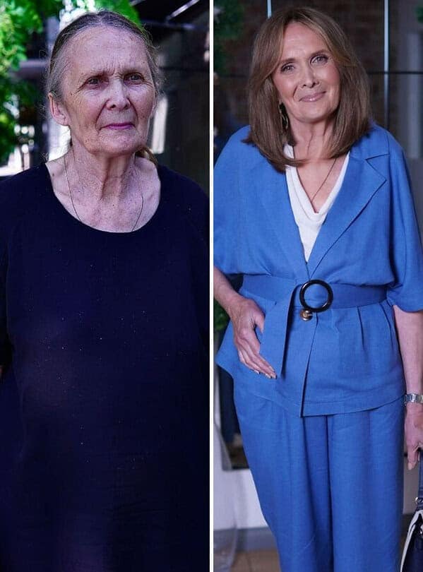 Side-by-side before and after makeup makeover transformation of a mature woman going from bare-faced in a plain black top to expertly glammed with styled brown hair and a chic royal blue pant suit.