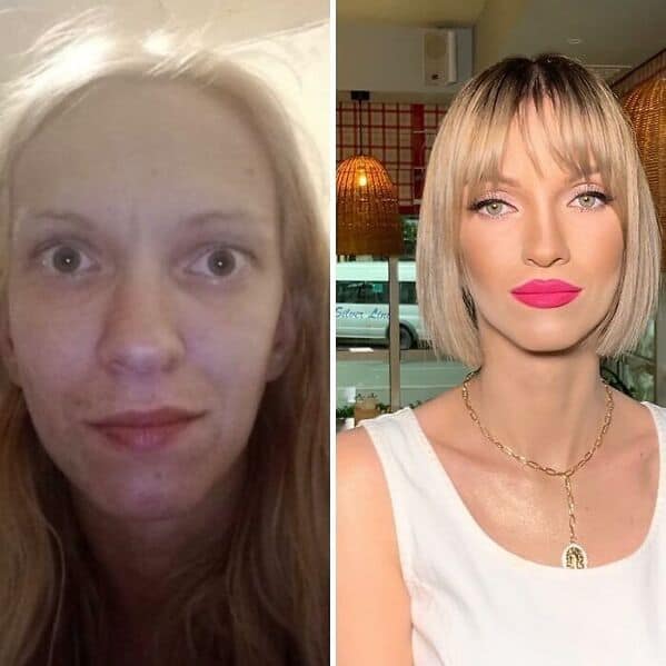Dramatic before and after makeup split showing a blonde woman going from wide-eyed bare-faced messy hair to a razor-sharp blonde bob with bright hot pink lipstick and gold jewelry.