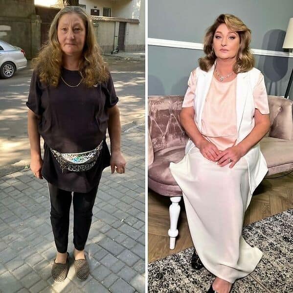 Full-body before and after makeup makeover showing a woman going from casual streetwear with a leopard fanny pack to a regal white evening gown and honey-blonde blowout.