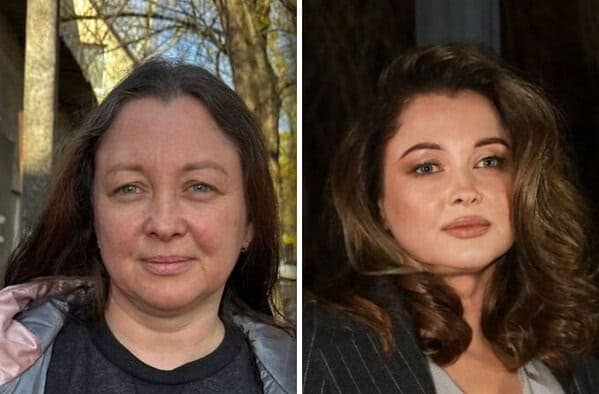 Breathtaking before and after makeup glow-up of a woman moving from a casual outdoorsy puffer coat look to voluminous brunette Hollywood curls and red-carpet glam.
