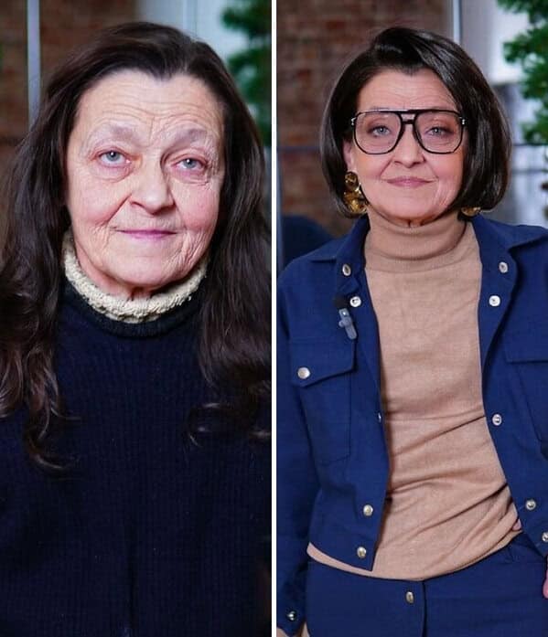 Sophisticated before and after makeup style transformation showing an older woman going from a plain dark sweater to a chic blue jacket, aviator glasses, and a sleek dark bob.