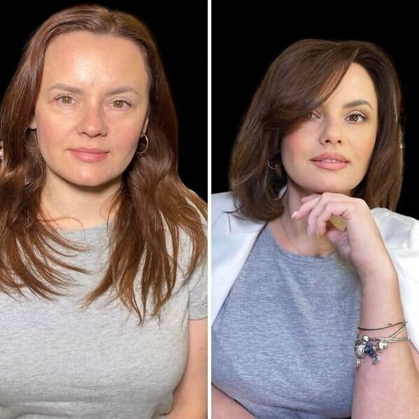 Professional before and after makeup image showing a woman's glow-up from a basic grey tee and bare face to an executive side-swept bob with a white blazer and soft glam.