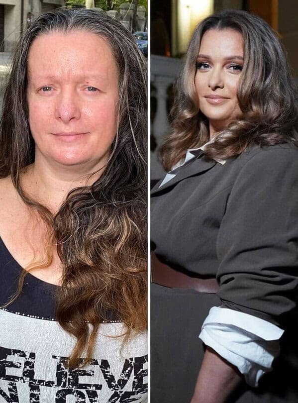 Dramatic before and after makeup split photo showing a woman's makeover from casual, bare-faced long hair to voluminous styled waves and full glamour makeup in a grey coat.