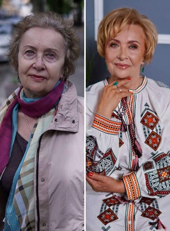Regal before and after makeup makeover of an older woman going from a windbreaker and scarf to a styled blonde crop, radiant makeup, and an embroidered blouse.