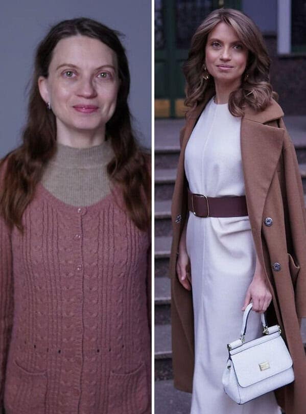 Elegant before and after makeup makeover comparison showing a woman evolving from a modest pink cardigan outfit to a sophisticated camel coat, white dress, and flawless makeup look.