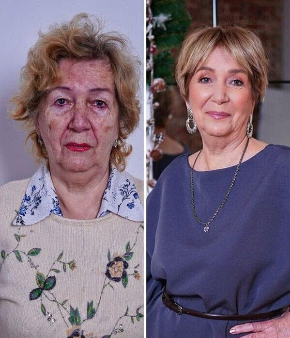 Inspiring before and after makeup transformation of a senior woman featuring a sleek short blonde hairstyle, radiant makeup, and modern slate blue wardrobe.