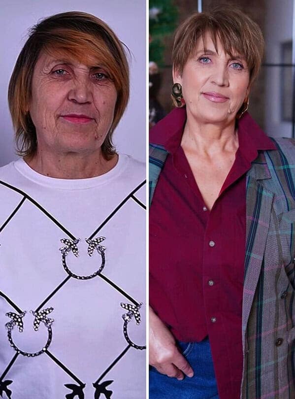 Side-by-side before and after makeup style makeover showing a mature woman with a sleek pixie haircut, refined makeup, and a preppy plaid jacket outfit.