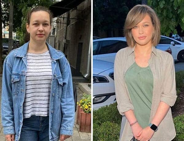 Street-style before and after makeup portrait comparison of a young woman transitioning from an informal denim jacket look to a tailored side-swept bob with glamorous makeup.