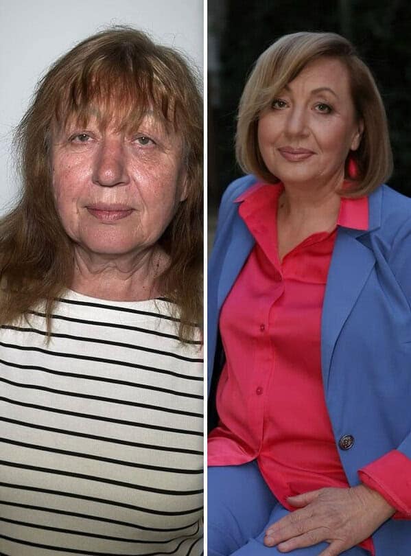 Impressive before and after makeup beauty glow-up showing a mature woman with a smooth bob haircut, flawless skin makeup, and a vibrant pink and blue power suit.