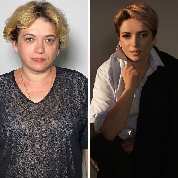 Fierce before and after makeup transformation showing a short hair makeover into a dramatic dark smokey eye look, structured pixie haircut, and power suit styling.