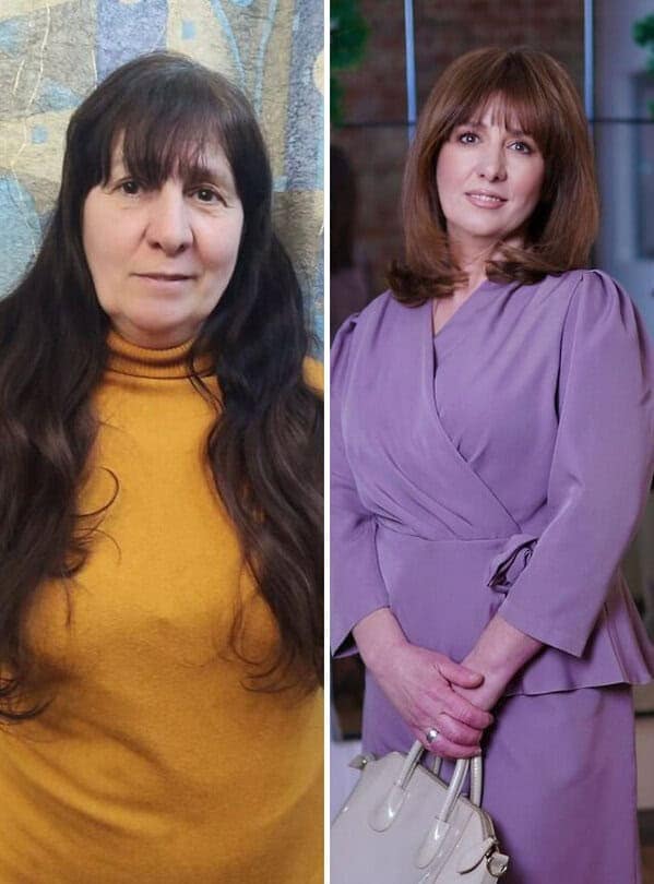 Stunning before and after makeup image highlighting a woman's glow-up from a cozy yellow turtleneck to a sophisticated lavender wrap dress with voluminous hair.