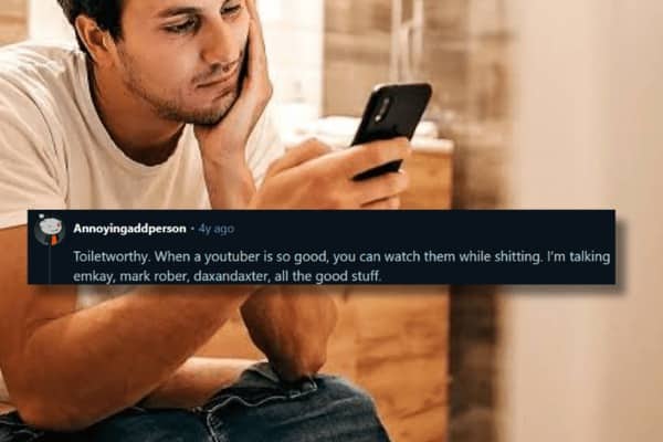 Man sitting on toilet looking at phone with text defining toiletworthy best made up words.