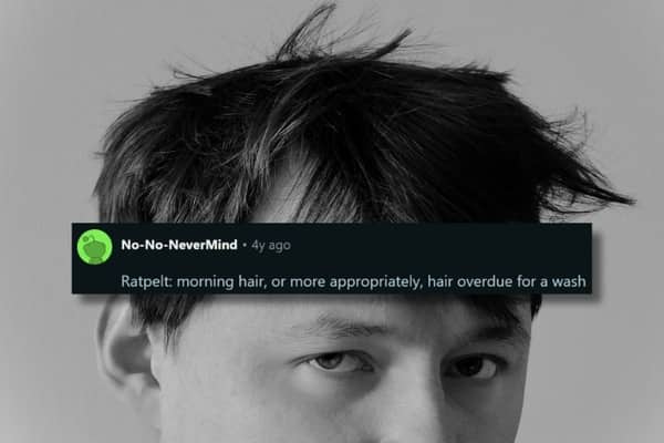 Close up of messy hair overlay text defining ratpelt best made up words.