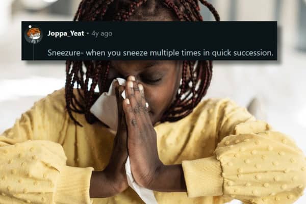 Person sneezing into tissue with overlay text defining sneezure best made up words.