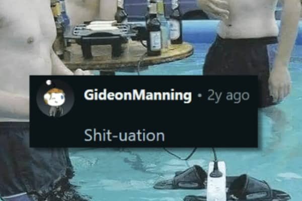 Pool prank with electric outlet in water overlay text saying shituation best made up words.