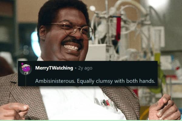 Smiling man in lab coat overlay text defining ambisinisterous best made up words.