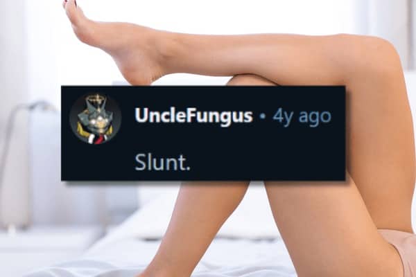 Crossed legs on bed overlay text displaying the word slunt best made up words.