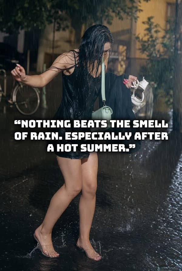 Woman wearing a black dress walking barefoot in rain puddles enjoying refreshing rain smells.