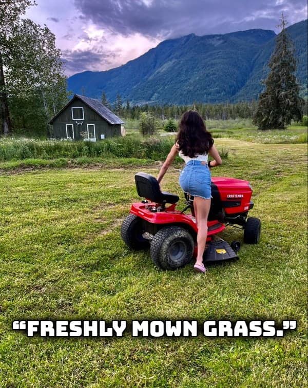 Woman riding a red lawnmower outdoors representing the refreshing smell of freshly cut grass.