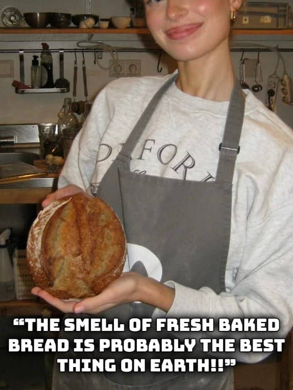 Woman in an apron holding a loaf of homemade sourdough bread representing cozy kitchen smells.