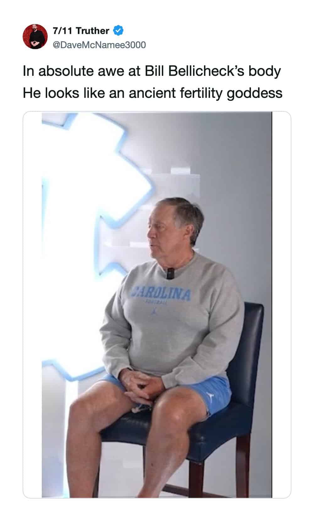 Tweet comparing football coach Bill Belichick sitting in UNC apparel to an ancient fertility goddess.