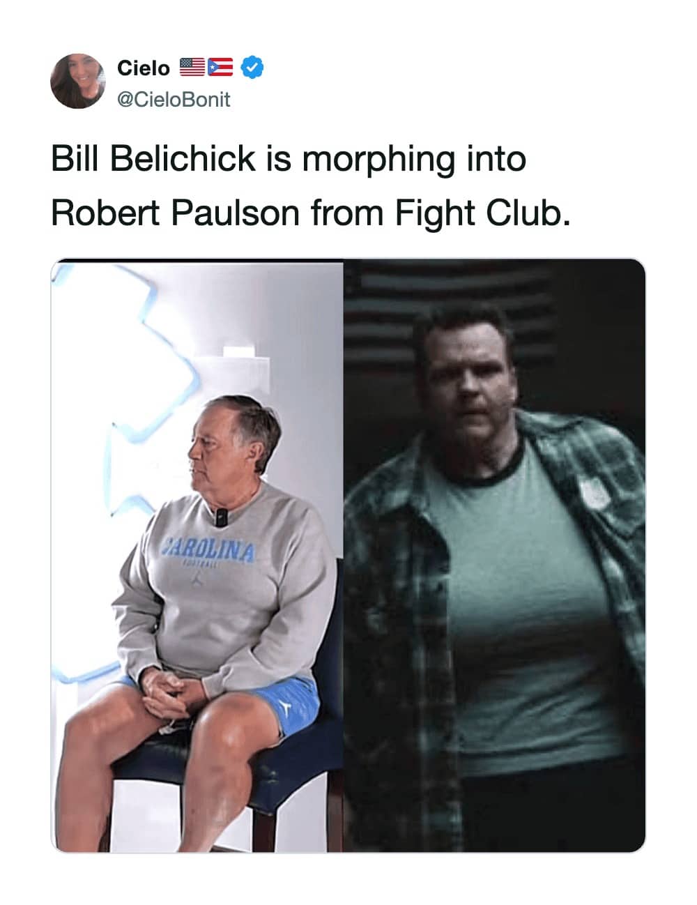 Side by side photo meme comparing Bill Belichick in UNC sweatshirt to Fight Club character.