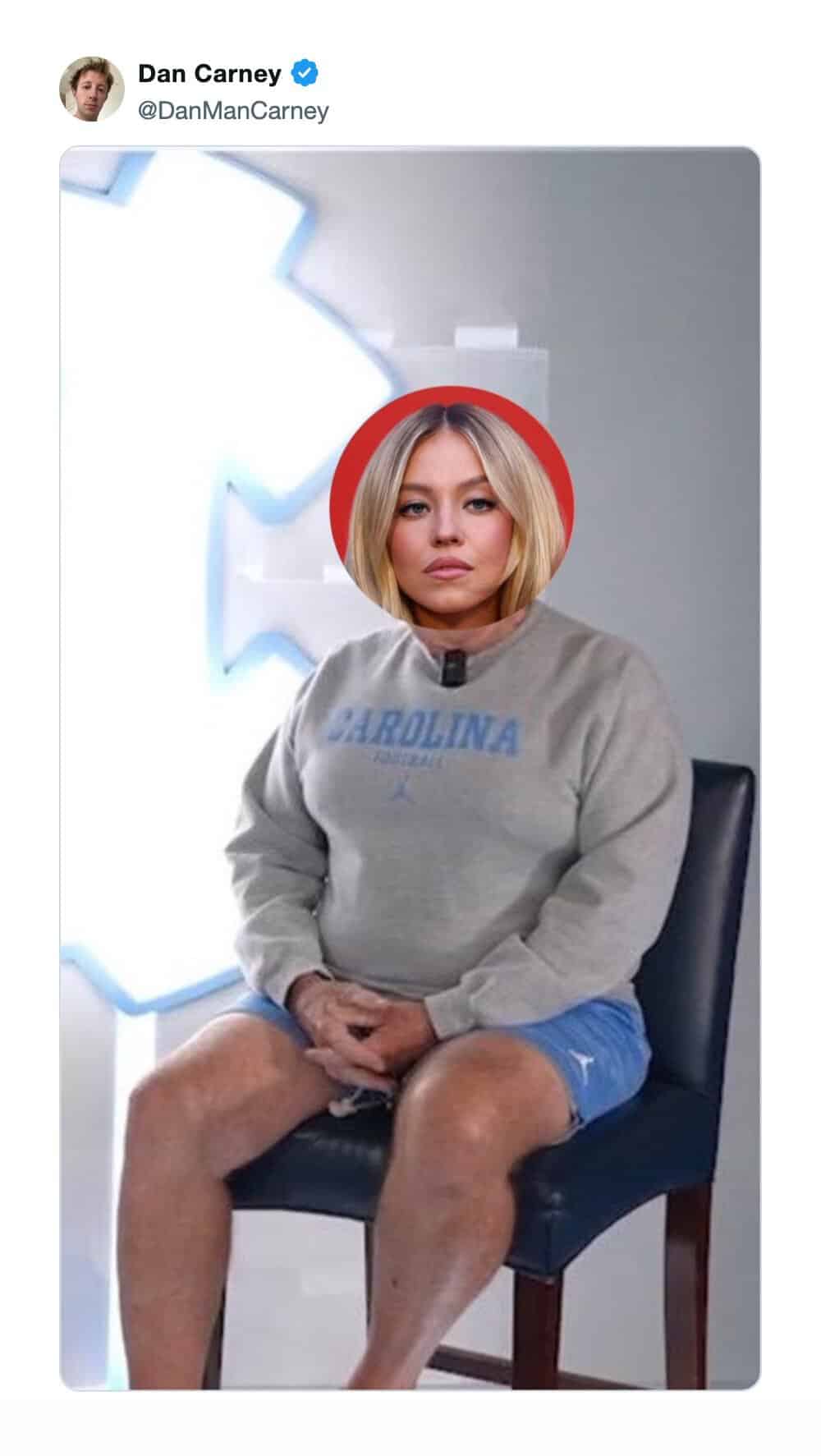 Meme photo editing actress Sydney Sweeney head onto Bill Belichick sitting in Carolina gear.