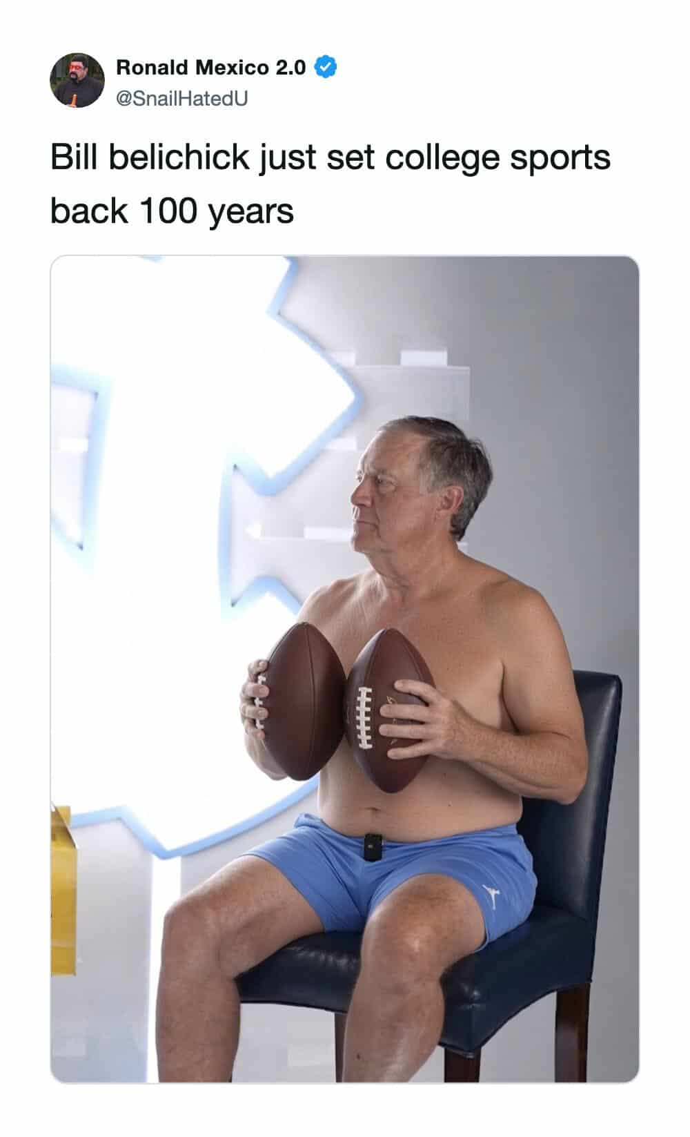 Photoshop meme of shirtless Bill Belichick holding two footballs to cover his chest in interview.