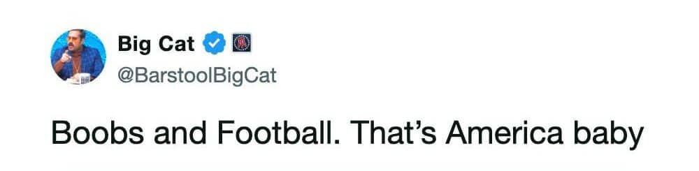 Short social media tweet stating boobs and football represent classic American culture in viral reaction.