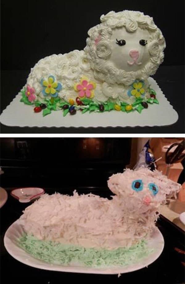 Side by side lamb cakes showing a neat bakery version and a shaggy pink homemade attempt