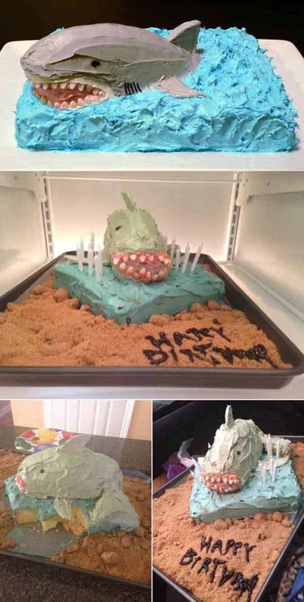 Four photos comparing a sharp bakery shark cake with three homemade shark cake attempts