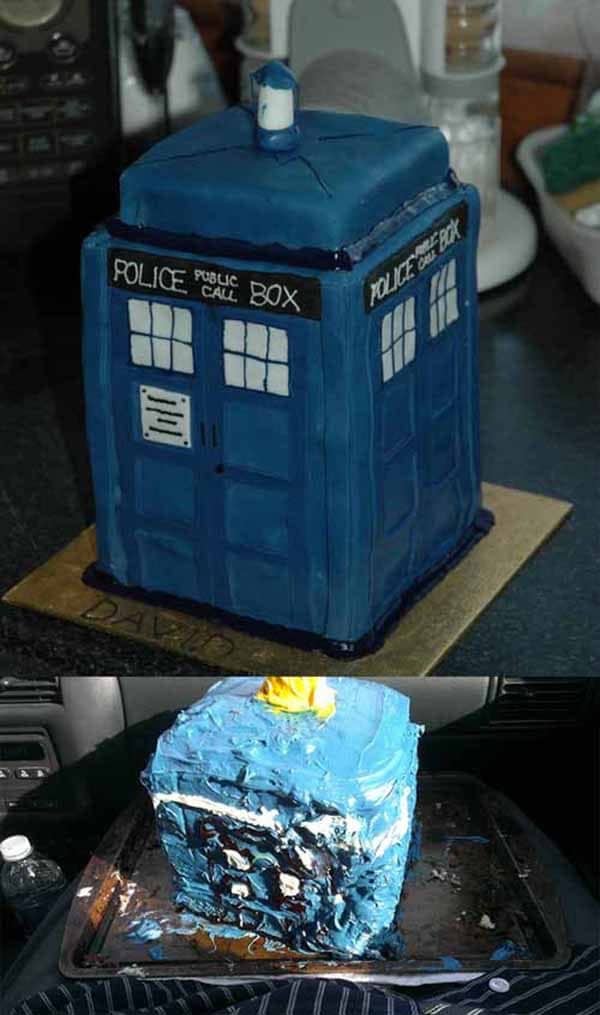 Side by side police box cakes showing a crisp fondant version and a melted blue one