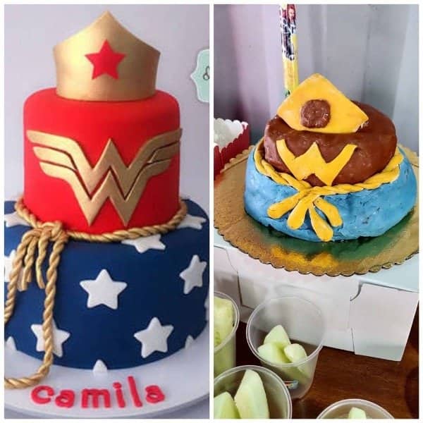 Side by side superhero cakes showing a tidy fondant version and a lumpy brown attempt