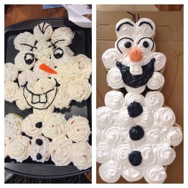 Two cupcake pull apart snowmen with crooked eyes, smeared mouths and a carrot nose
