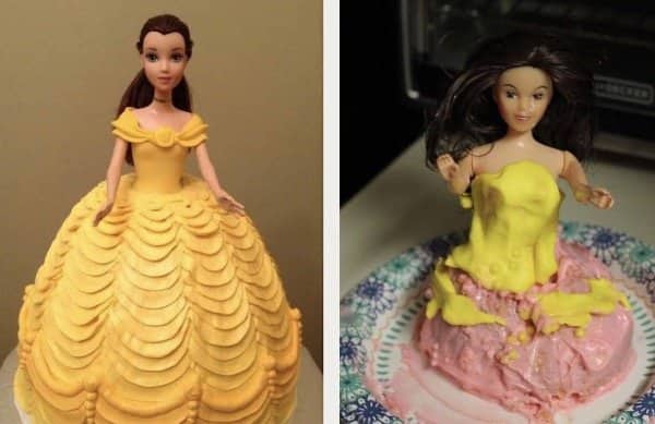 Side by side doll cakes showing a neat yellow ballgown and a melted pink version