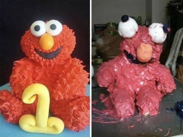 Side by side Elmo cakes showing a fluffy red bakery version and a melted pink attempt