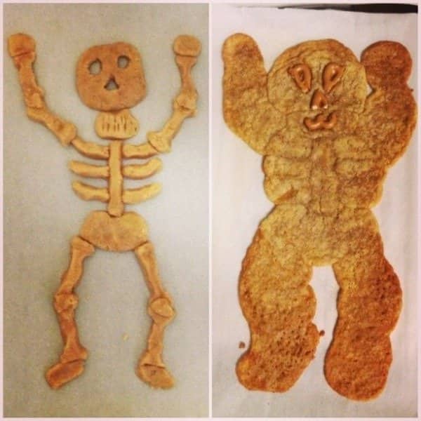 Side by side skeleton shaped dough showing a crisp version and one baked into a blob