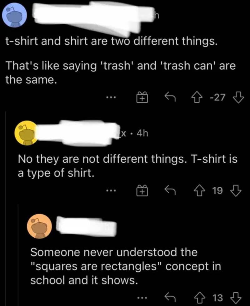 Reddit argument comparing a confusing logic fail about shirts to basic elementary school geometry.