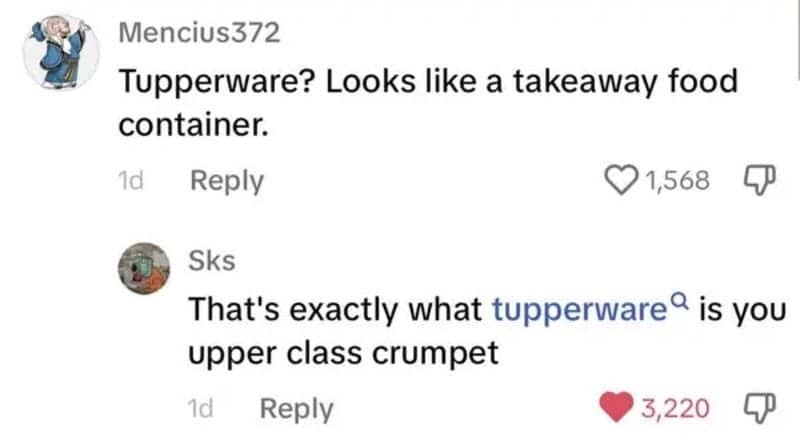Social media argument where a user is hilariously called an upper class crumpet.