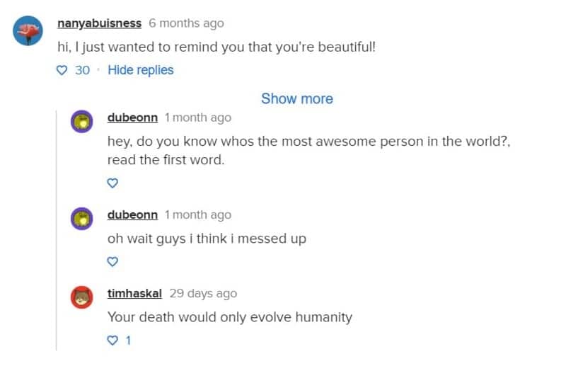 Failed pickup line comment section resulting in a brutally harsh insult about evolving humanity.