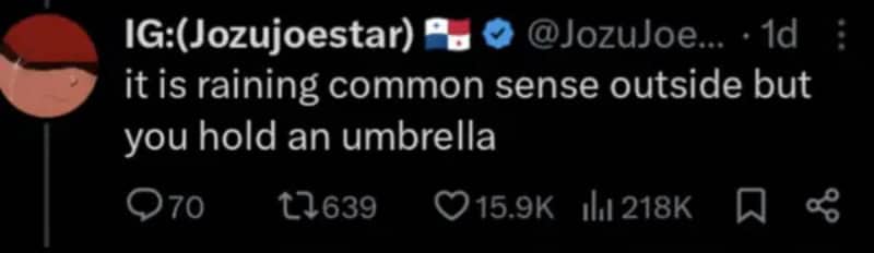 Viral tweet delivering a poetic insult about someone holding an umbrella against common sense.