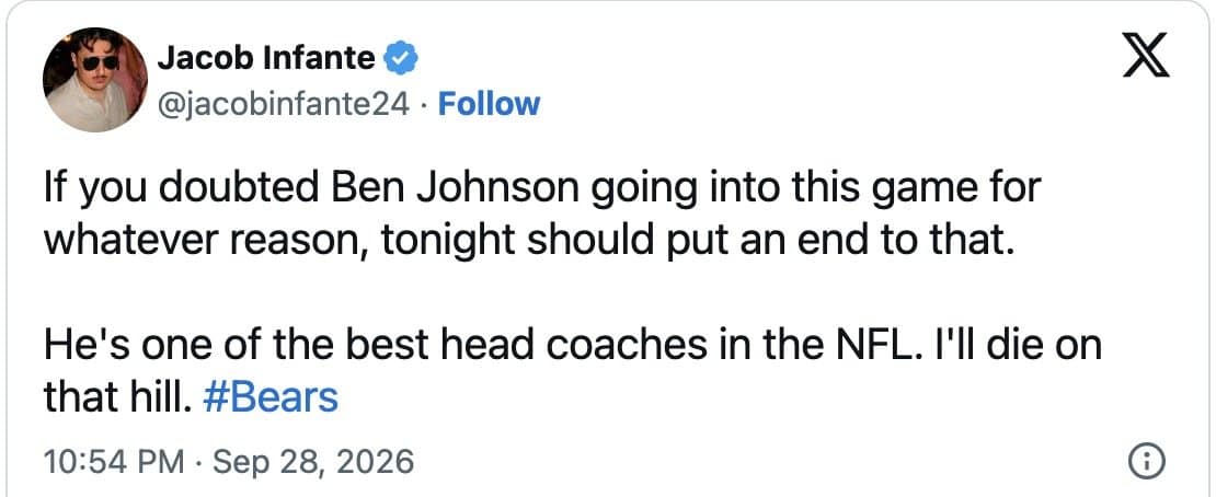 Jacob Infante tweet calling Ben Johnson one of the best head coaches in the NFL