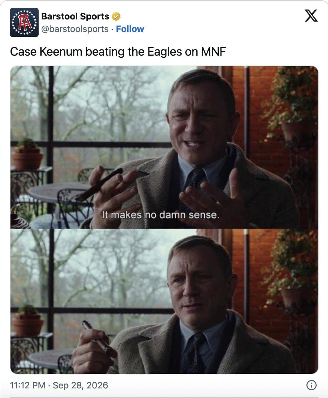 Barstool Sports meme of Daniel Craig as a detective saying it makes no damn sense