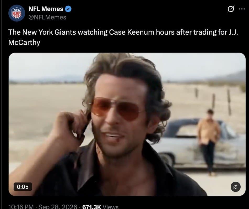 NFL Memes tweet showing a frantic desert phone call about the Giants trading for J.J. McCarthy