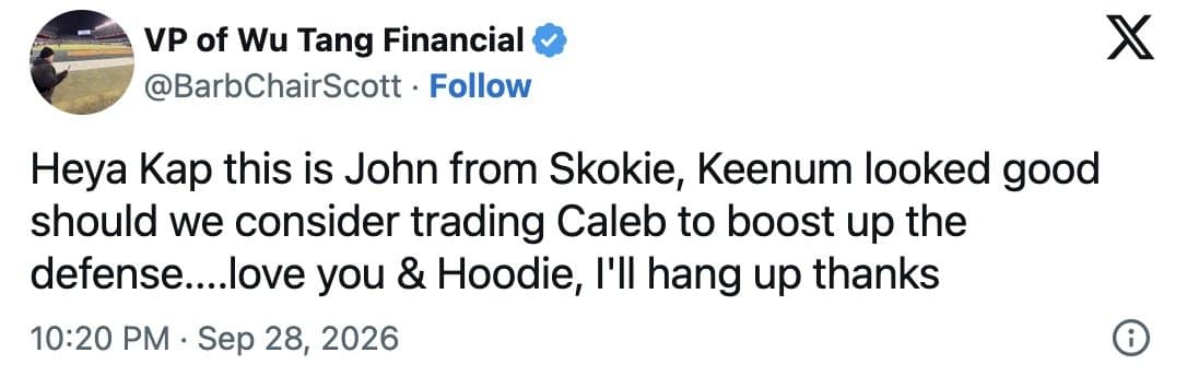 Fan tweet parodying a sports radio caller asking whether Chicago should trade Caleb to boost the defense